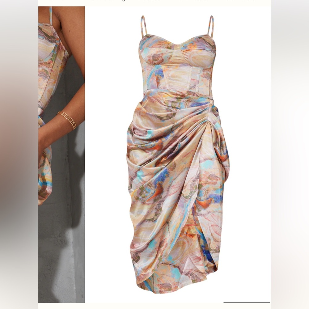 Prettylittlething Multi Marble Print Satin Ruched Skirt Corset Detail Midi Dress